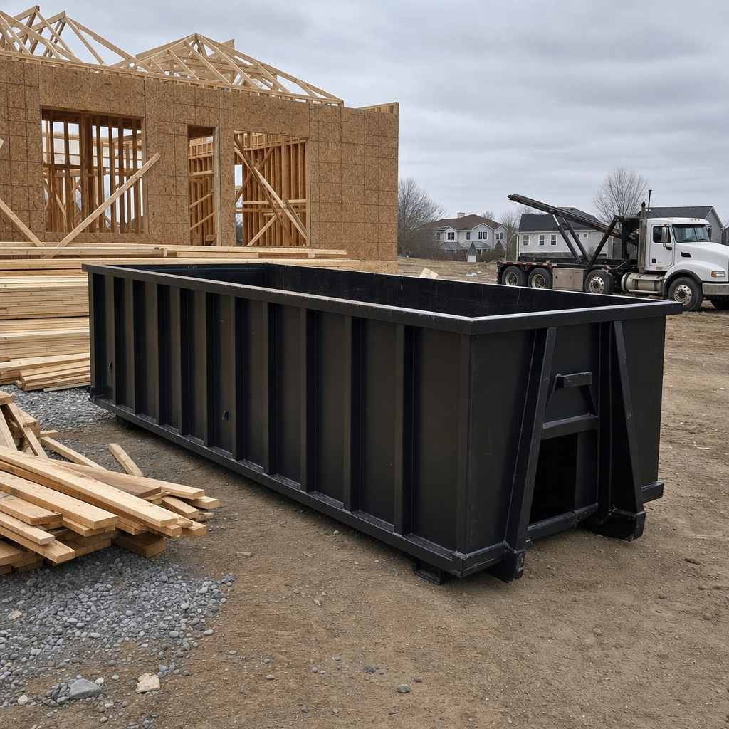 Matte-black 40-yard roll-off dumpster staged on a framed-out residential construction site in Scituate, framing lumber stacked nearby, hooklift delivery truck visible in the background under bright Colorado daylight