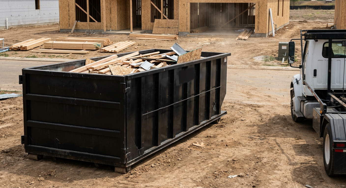 Matte-black 20-yard roll-off construction dumpster with heavy ribbed steel sidewalls and swing rear doors at a working jobsite in Scituate, sitting directly on compacted dirt with an unmarked white hauler partially visible at the far edge of the frame.