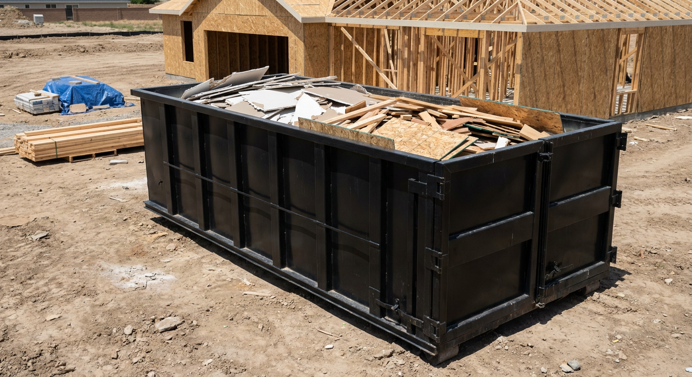 Matte-black 30-yard roll-off construction dumpster sitting directly on the compacted-dirt site of a framed single-family home build in Scituate, drywall and lumber scrap loaded inside.