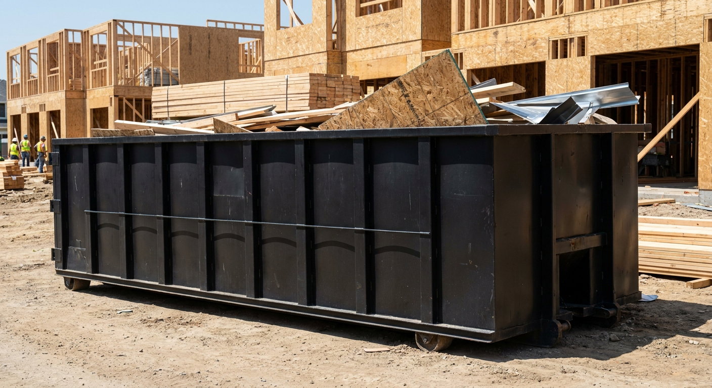 Matte-black 40-yard roll-off construction dumpster being lowered from a white-cab hooklift delivery truck onto the compacted-dirt jobsite at a commercial build site in Scituate
