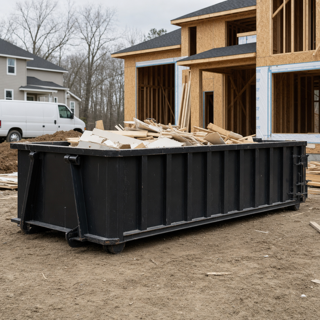 Worker in a yellow high-visibility vest tossing framing lumber and broken drywall into a matte-black 30-yard construction roll-off dumpster on an active build site in Scituate, bright daylight