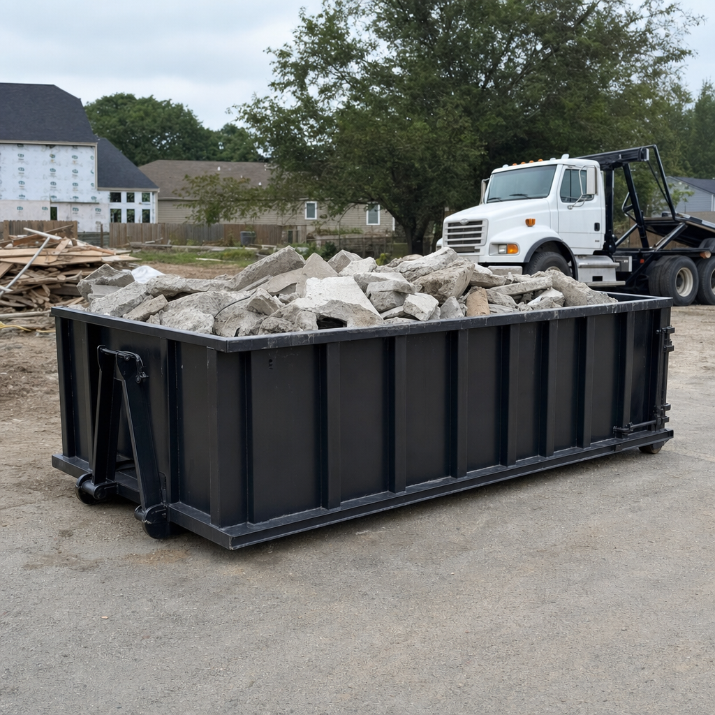 Low-profile matte-black lowboy roll-off dumpster loaded with broken concrete slab and rebar at a foundation tear-out in Scituate, skid steer parked beside it, sunny Colorado morning