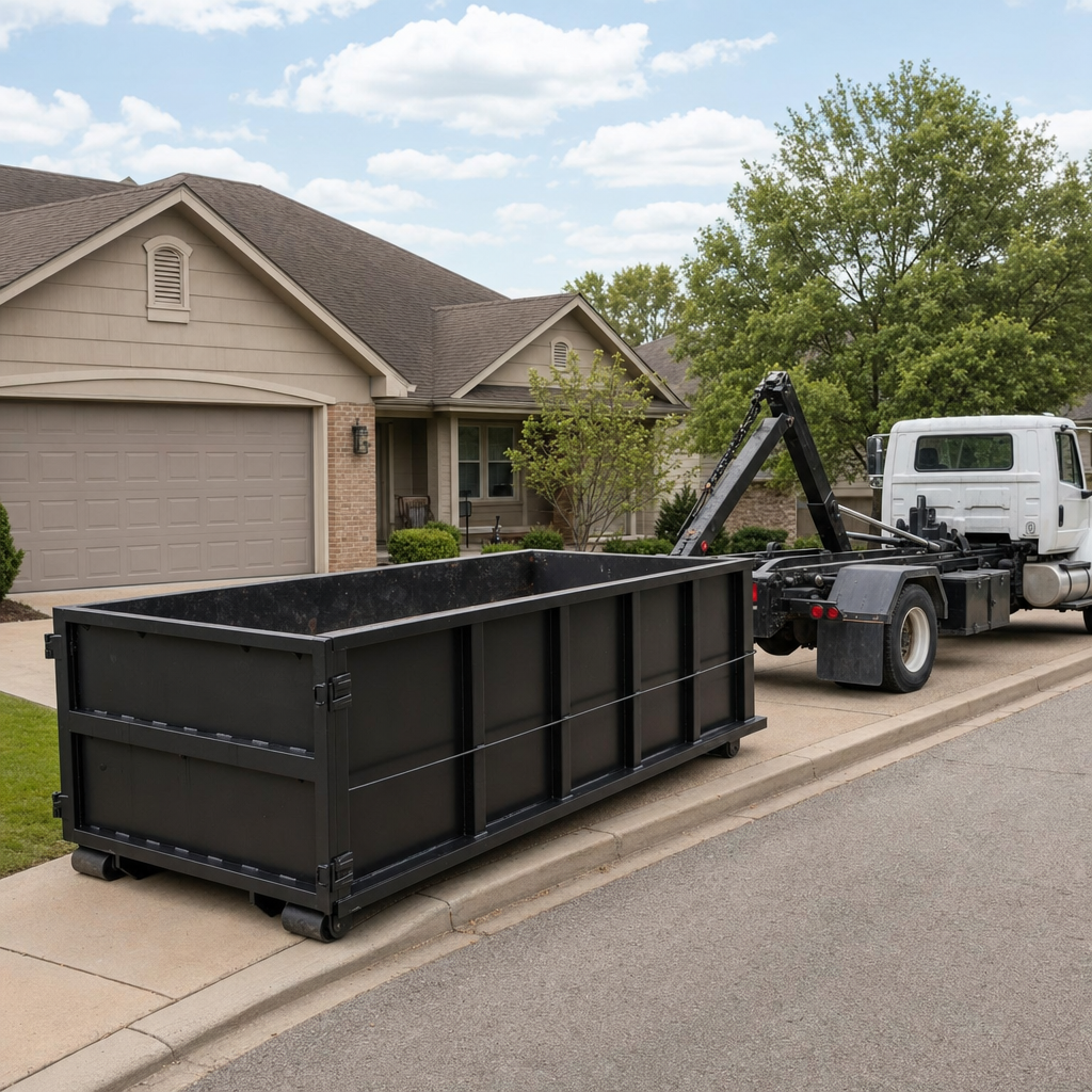 Wide documentary shot of a matte-black roll-off dumpster on a Scituate residential driveway in the foreground and a contractor jobsite container in the soft-focus background, bright daylight, calm and orderly composition.