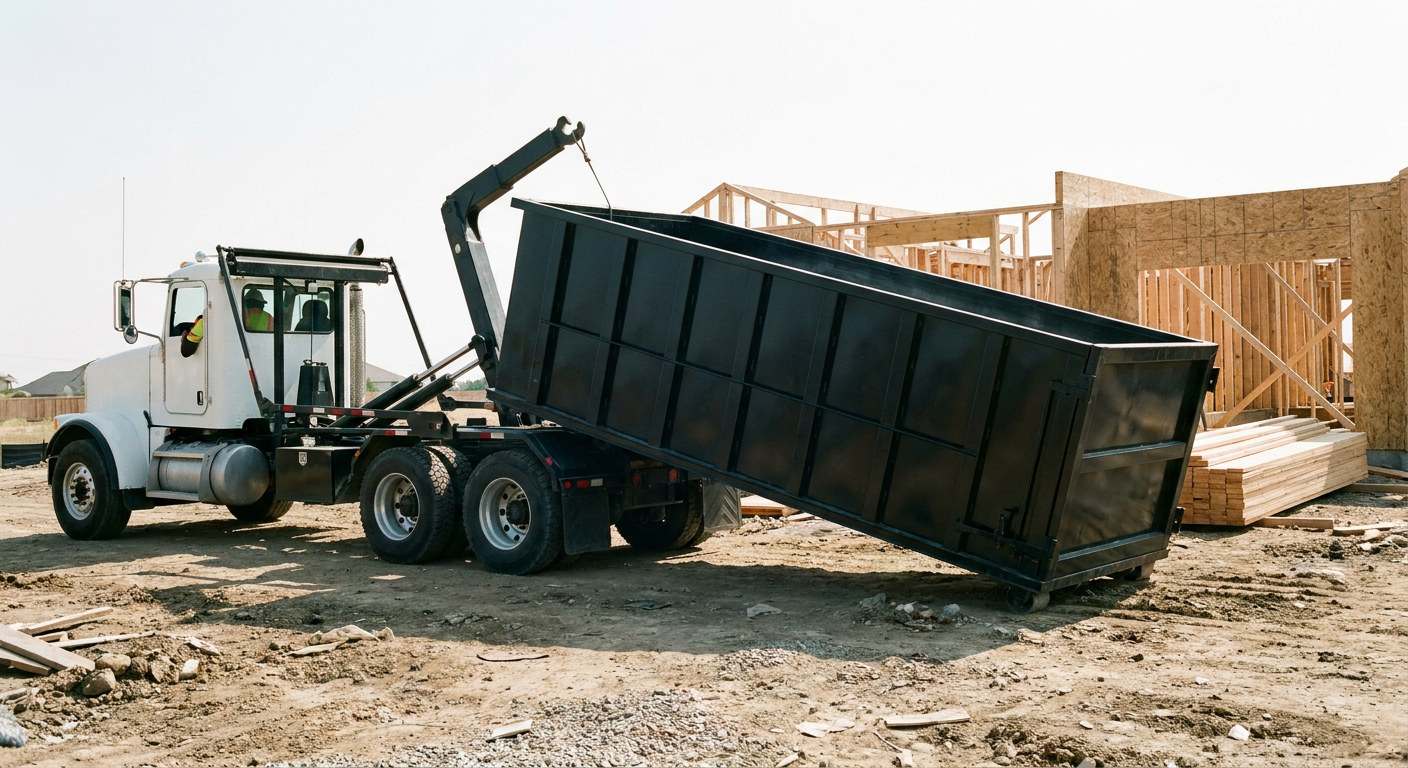 Matte-black roll-off dumpster being delivered onto a clean residential concrete driveway in Scituate by an unmarked white hooklift hauler truck, bright morning daylight, documentary 35mm perspective.