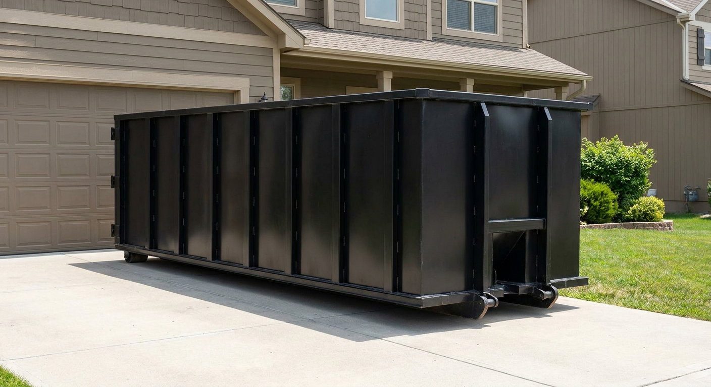 Matte-black residential roll-off dumpster sitting directly on a suburban Scituate concrete driveway, garage door closed, single-family home in background, bright morning daylight.
