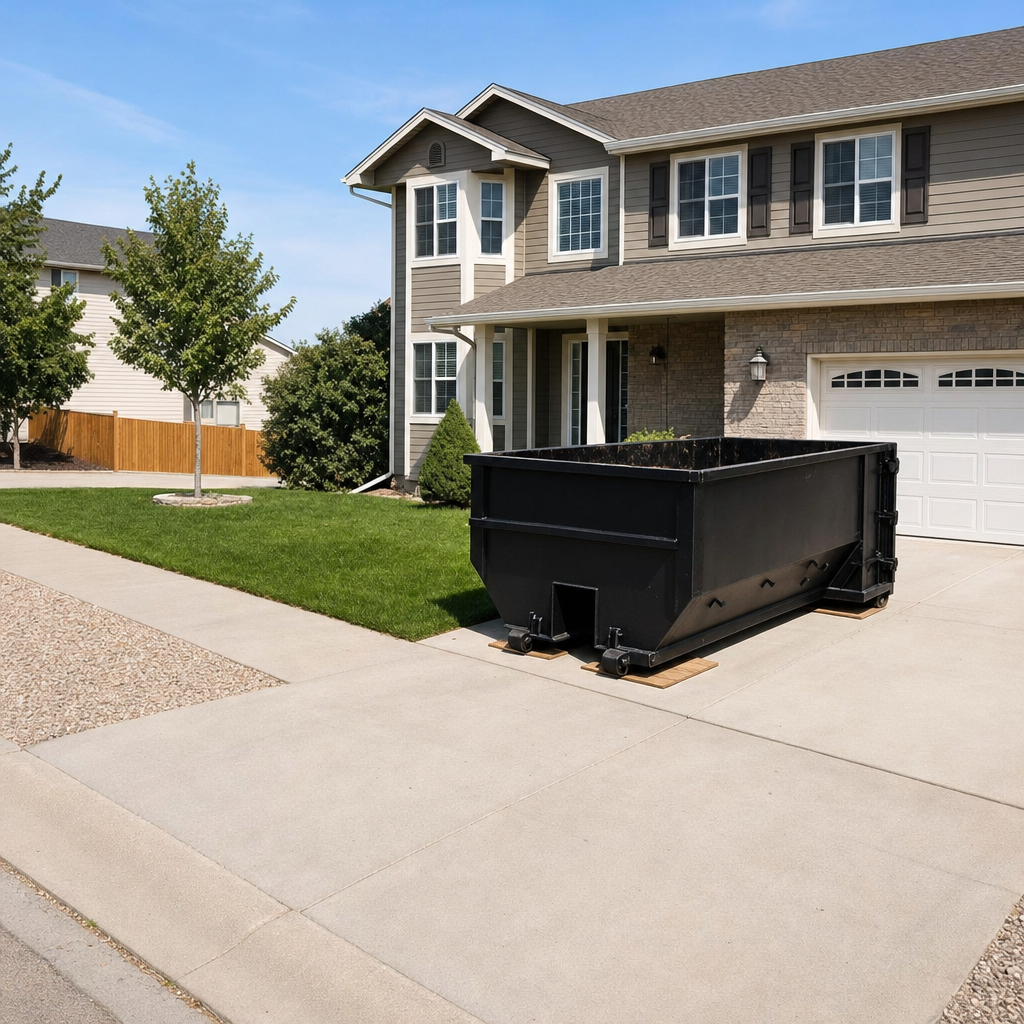 10-yard matte-black residential dumpster placed directly on a narrow Scituate concrete driveway, room remains for a parked sedan beside it, mid-morning natural light