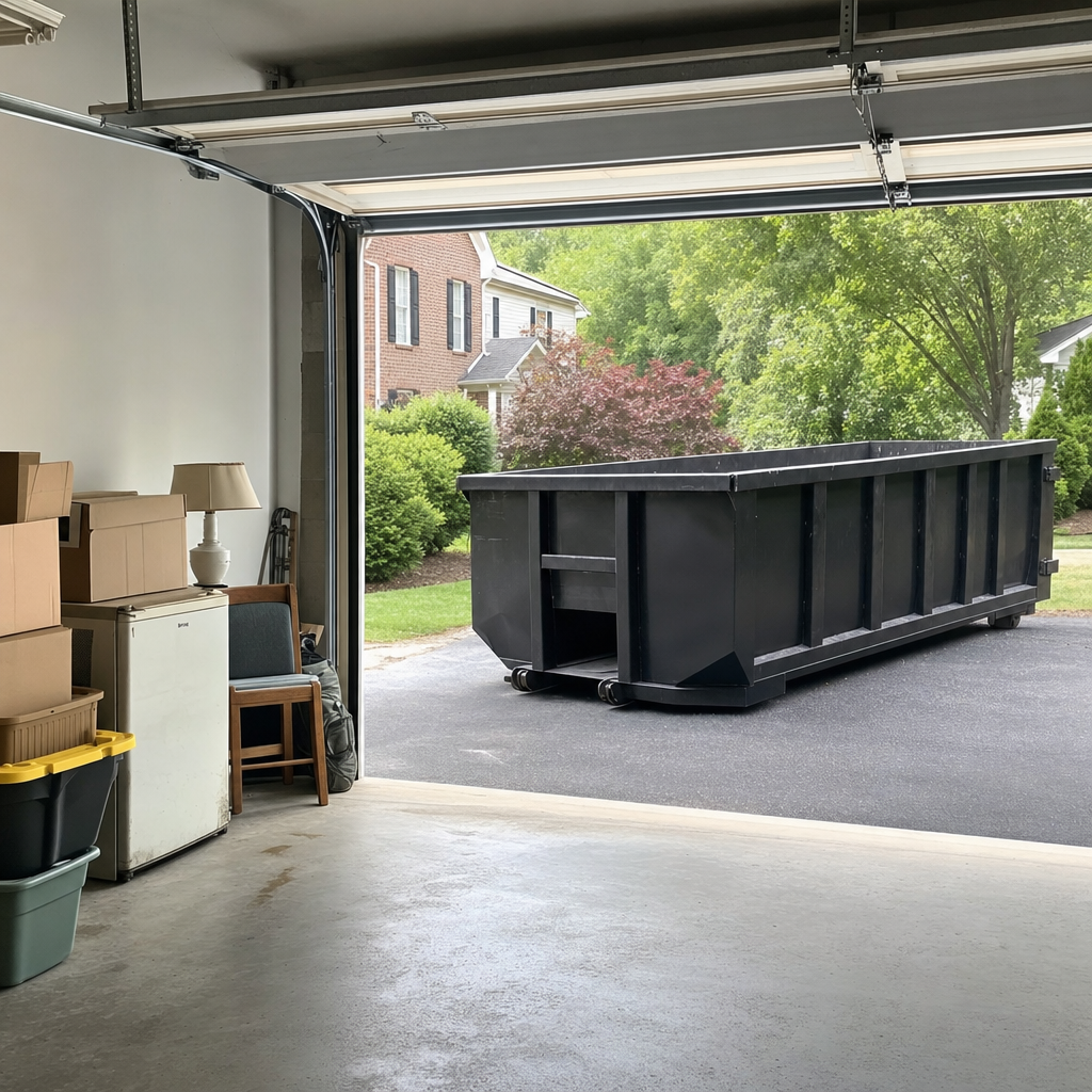 Open garage interior in a Scituate home mid-cleanout — boxed items, an old appliance, and stacked yard tools queued near the driveway for a matte-black roll-off dumpster, organized and calm