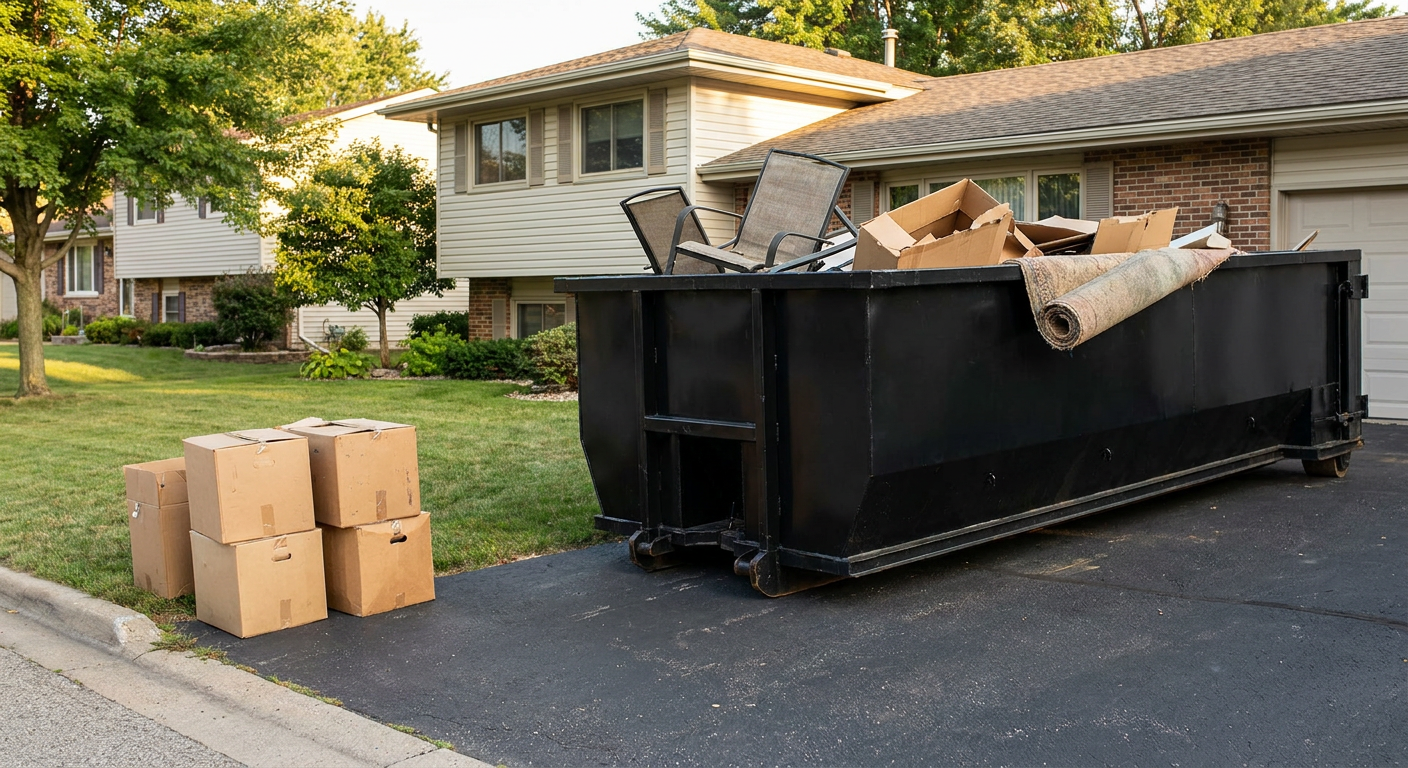 Front-yard view of a Scituate split-level home with a 20-yard matte-black roll-off dumpster sitting directly on the asphalt driveway, a few clearly labeled donation boxes staged at the curb, calm sunny afternoon.