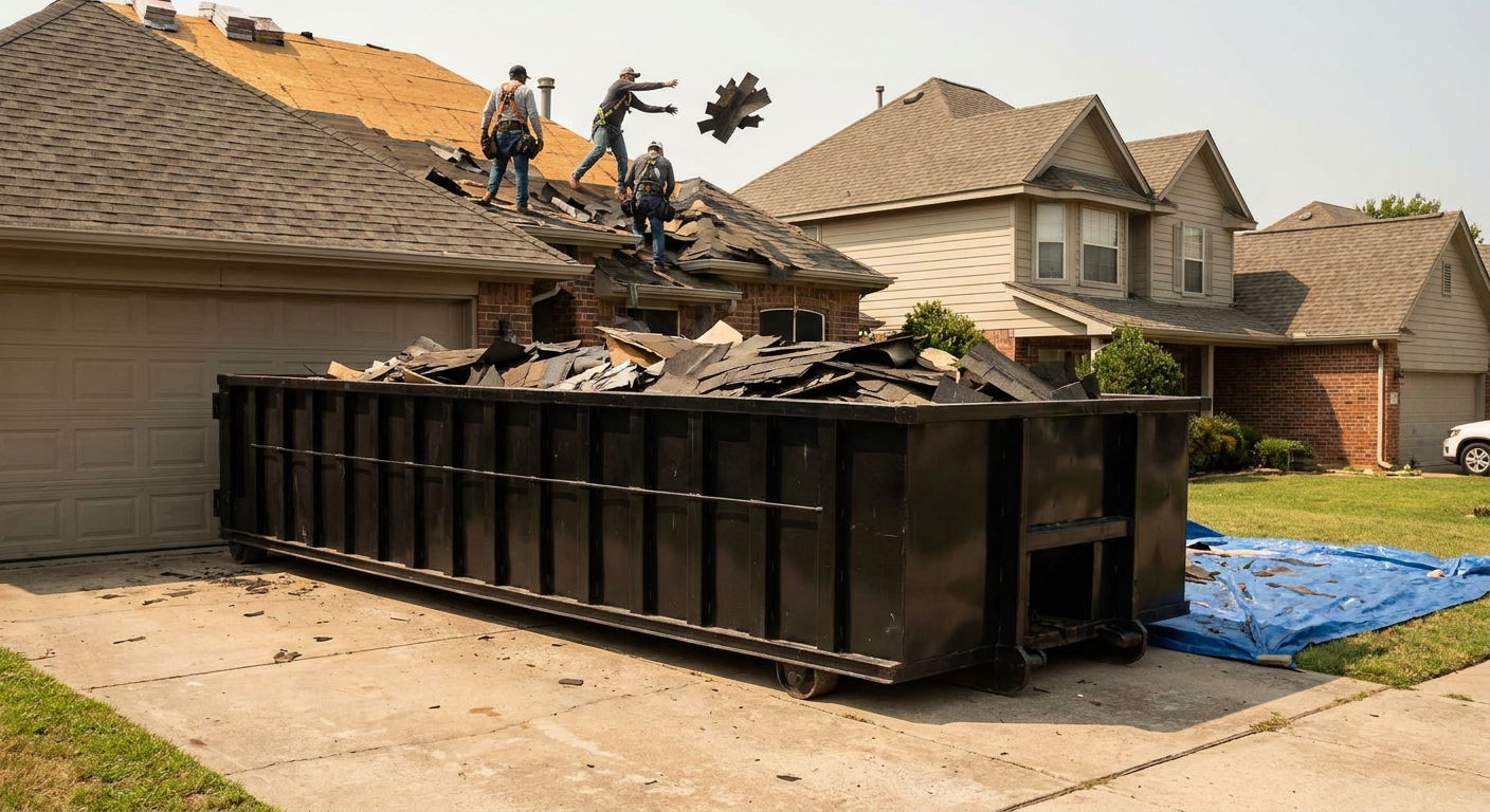 Matte-black roofing roll-off dumpster placed directly on a Scituate residential concrete driveway, a tear-off crew on a two-story asphalt-shingle roof tossing shingle bundles into the low-walled container, bright daylight, documentary 35mm perspective.