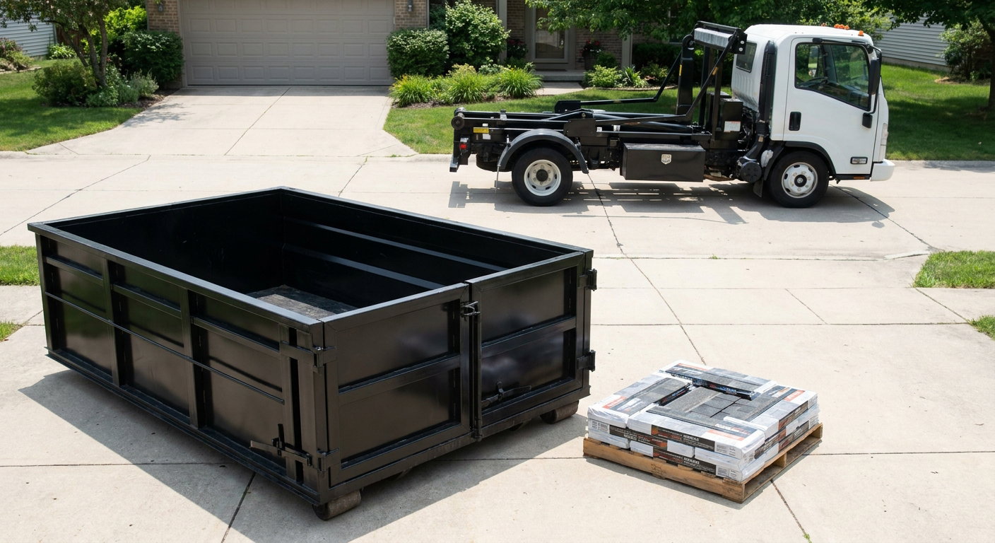 Matte-black 15-yard roofing roll-off dumpster with reinforced low side walls sitting directly on a Scituate residential concrete driveway, three-tab asphalt shingle bundles stacked nearby, an unmarked white hauler truck partially visible at the edge of the frame.