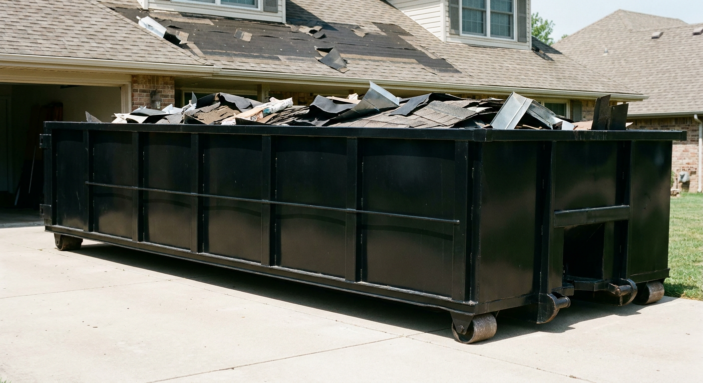 Matte-black 20-yard roofing roll-off dumpster with steel ribbed sides and swinging rear door, sitting directly on the concrete driveway of a two-story Scituate home, asphalt shingle debris being loaded over the low wall, clean documentary lighting.