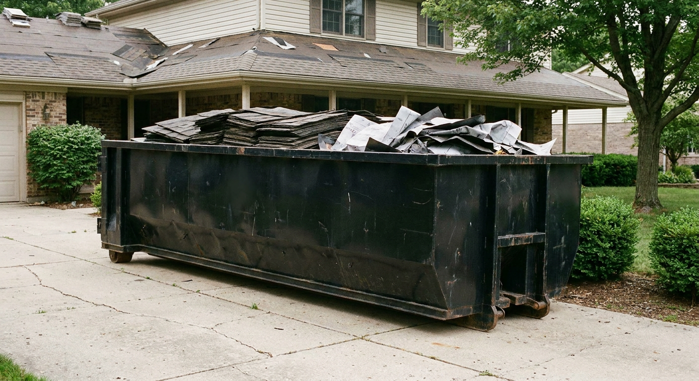 Matte-black 30-yard roofing roll-off dumpster sitting directly on a Scituate concrete driveway, taller ribbed steel side panels, mixed tear-off debris of asphalt shingles and underlayment inside, professional documentary daylight.