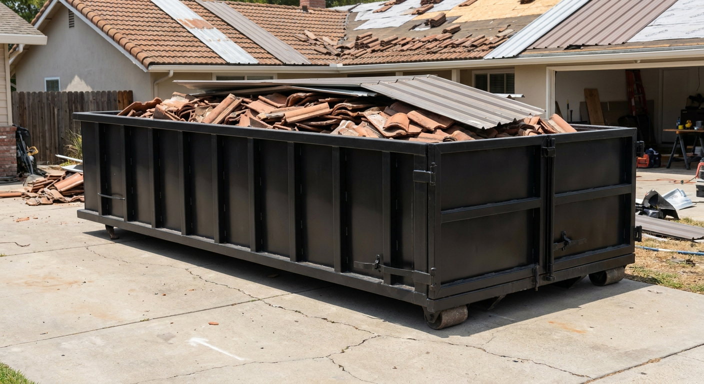 Matte-black low-wall heavy-debris roofing roll-off dumpster sitting directly on a Scituate concrete driveway, broken concrete clay roof tiles and metal panel sections loaded inside, reinforced ribbed steel side walls visible, bright outdoor daylight.