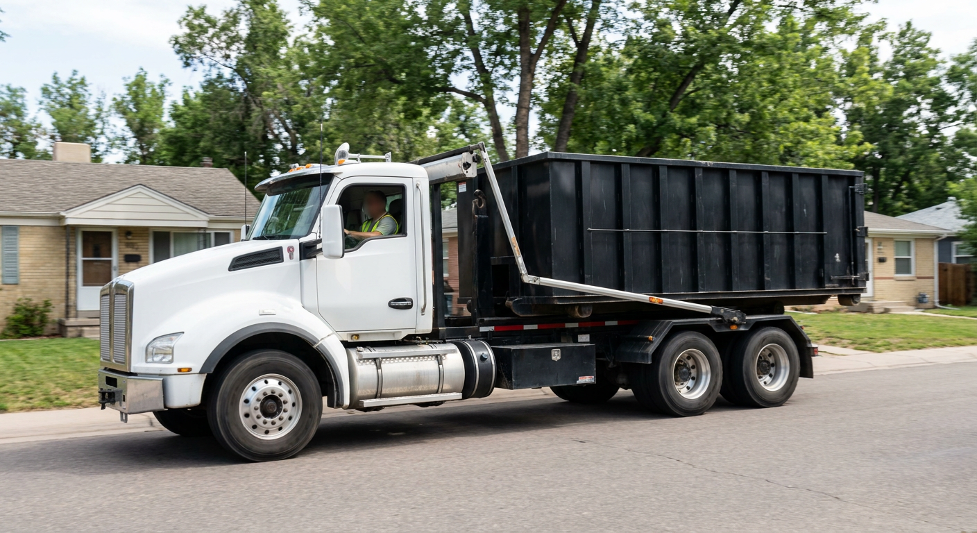 A wide documentary shot of a matte-black roll-off delivery truck pulling onto a quiet Scituate residential street at mid-morning, with neighborhood rooftops and tree-lined blocks visible behind, showing the metro coverage footprint.