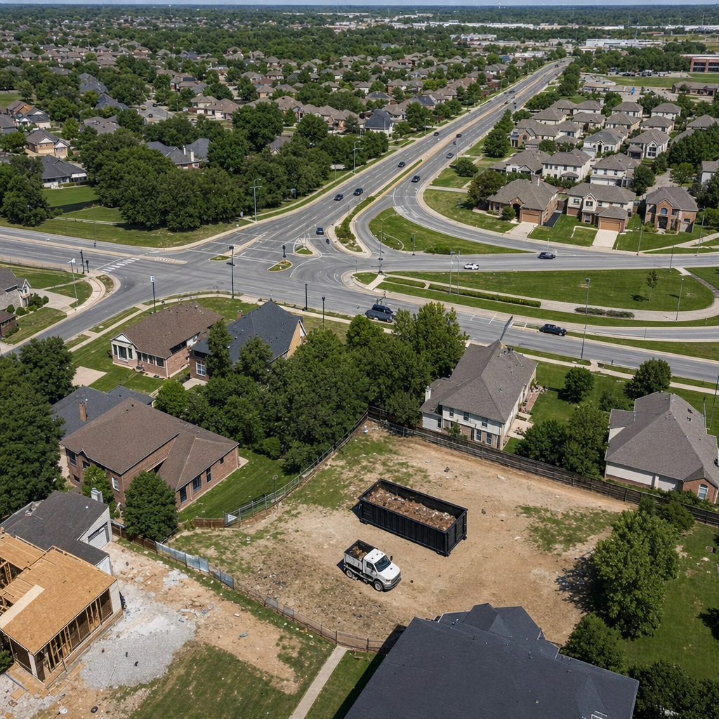 An overhead documentary view of the Scituate metro area at midday, showing the spread of neighborhoods, arterial roads, and the dispatch radius from a central yard — clean daylight, organized geographic layout.