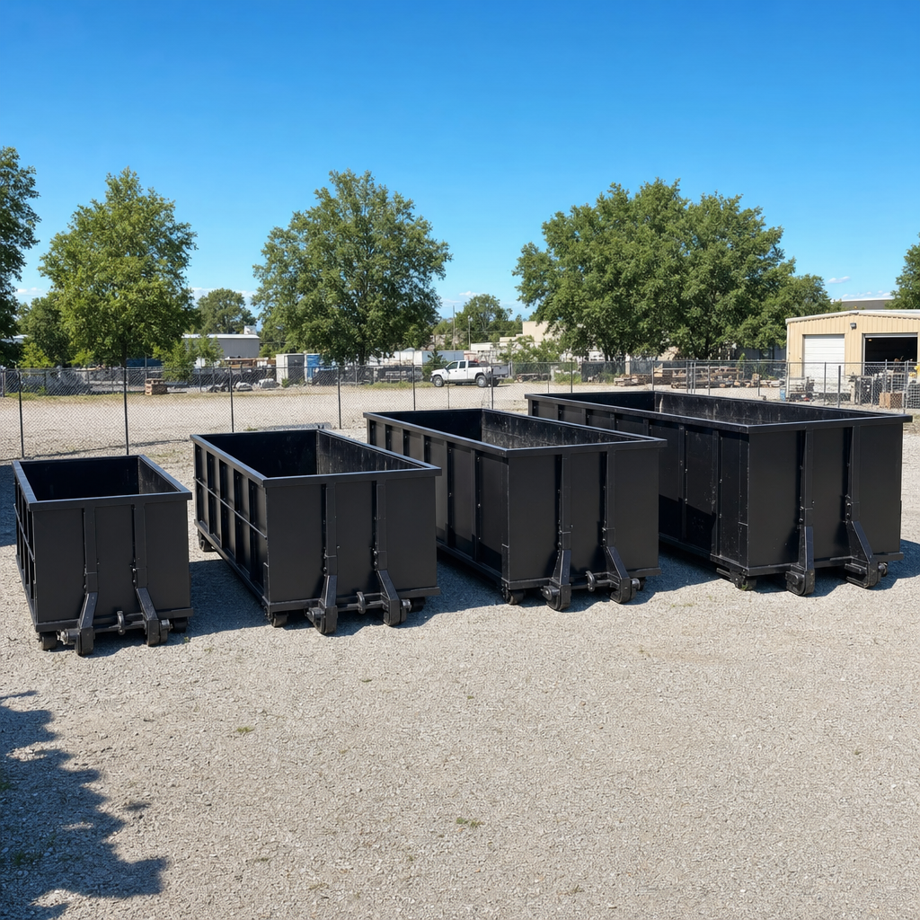 A clean lineup of matte-black roll-off dumpsters in 10, 20, 30, and 40-yard sizes staged on a sunlit gravel yard in Scituate, showing the size progression from compact to commercial-scale containers.