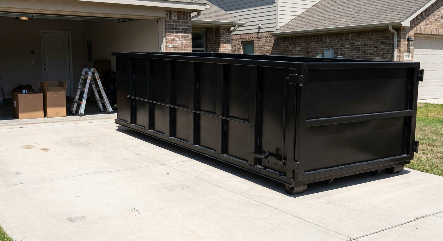A matte-black 10-yard roll-off dumpster sitting directly on a residential Scituate concrete driveway, mid-day sunlight, clean and ready for a garage cleanout.
