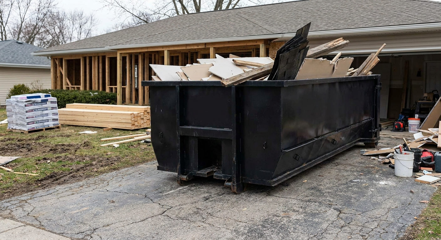 A matte-black 20-yard roll-off dumpster placed alongside a mid-renovation Scituate home directly on the asphalt driveway, with framing materials and torn-off shingles staged neatly nearby.