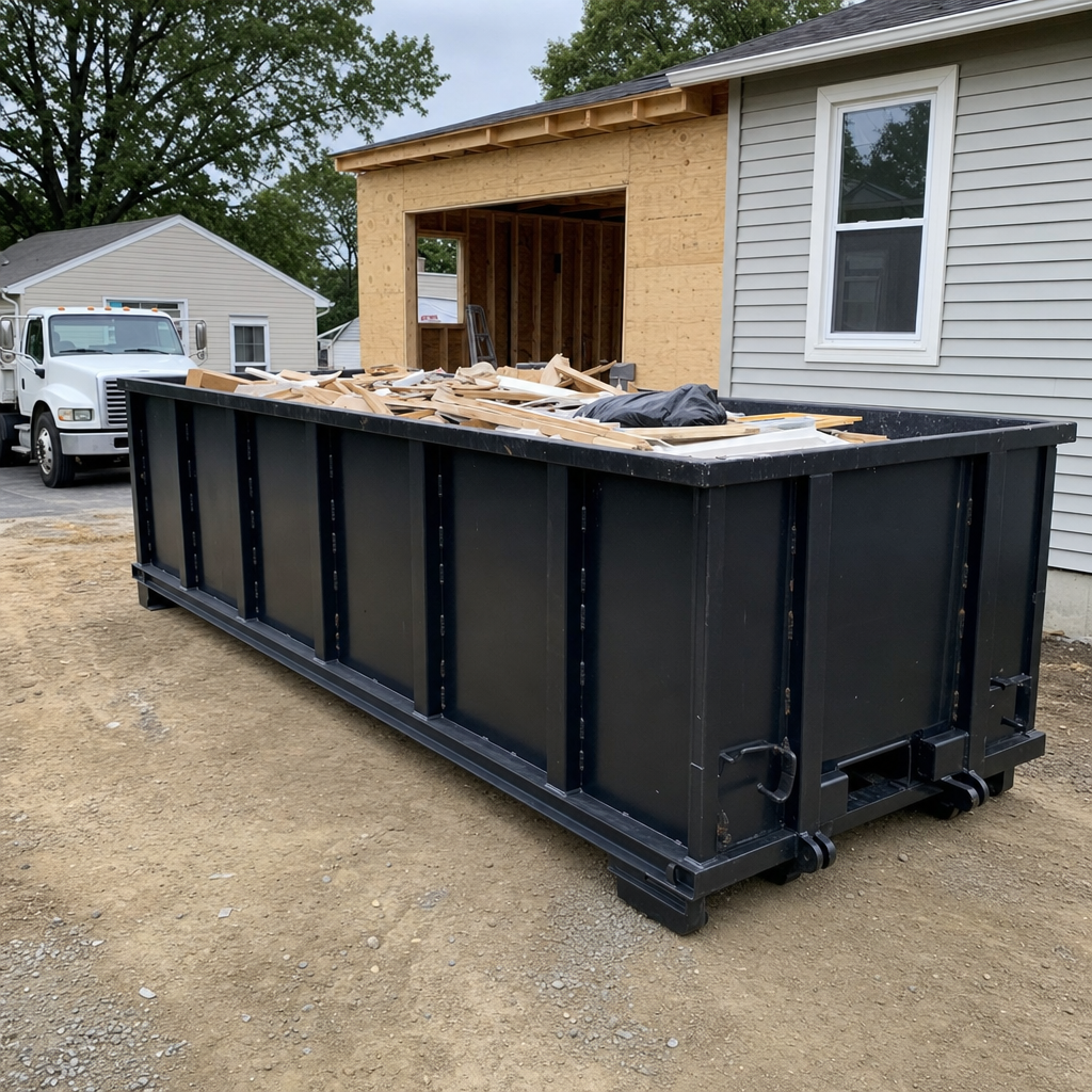 A matte-black 30-yard roll-off dumpster positioned at a Scituate residential addition jobsite, with framing lumber and drywall scraps loaded through the open swinging rear doors.