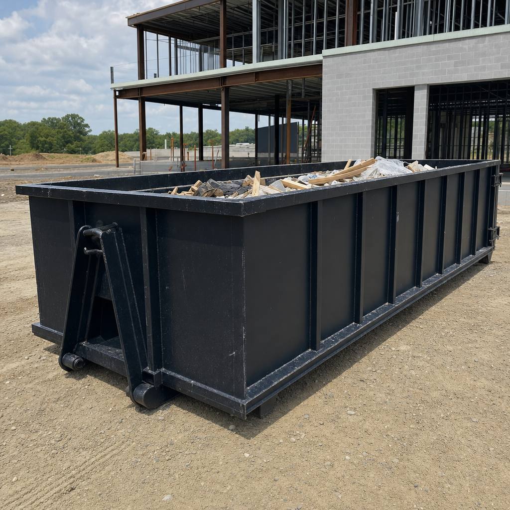 A matte-black 40-yard roll-off dumpster staged on a large Scituate commercial construction lot, with a hooklift delivery truck parked alongside under bright midday sky.