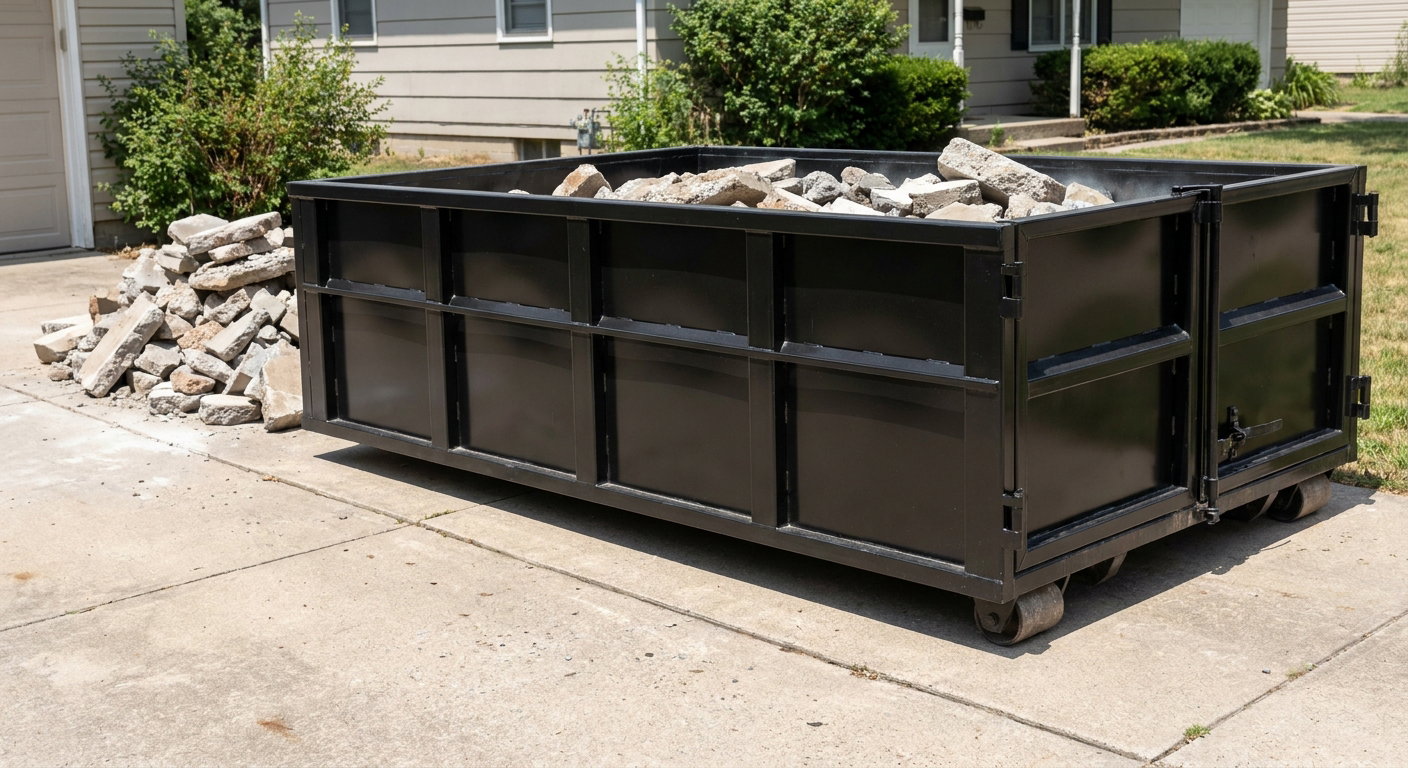 A matte-black low-side heavy-debris roll-off dumpster placed directly on a Scituate concrete driveway, with broken concrete chunks neatly stacked beside it under clean daylight.